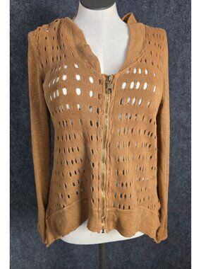 XCVI Womens Open Knit Rust Cardigan Zip Front Long Sleeves Scalloped Hem 100% Co